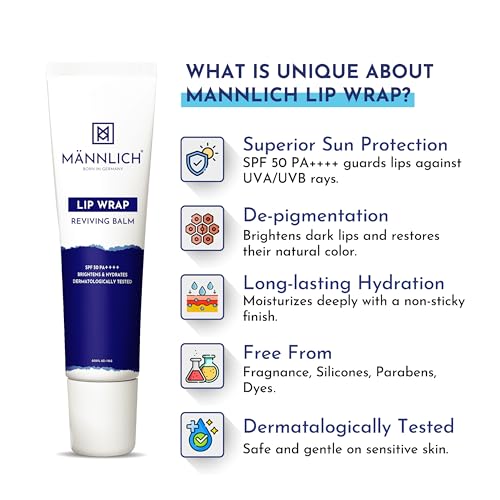 Mannlich Lip Balm For Men Lip Care With Spf 50 Pa++++ Protection - Lip Lightening For Dry & Chapped Lips - Moisturizes, Long-Lasting Hydration With 2% Kojic Acid,10 g (Pack of 1) Off White
