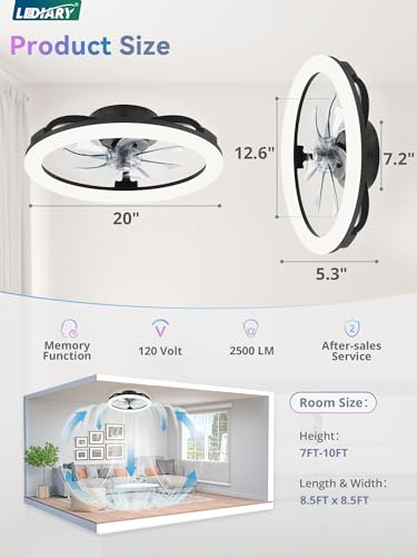 LEDIARY 20 Inch Black RGB Ceiling Fan with Lights & Remote, Dimmable Modern Flush Mount