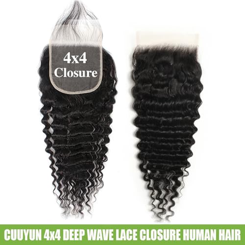 18 Inch Deep Wave Lace Closure Human Hair Extensions for Black Women - Free Part, Pre-Plucked, Natural Black
