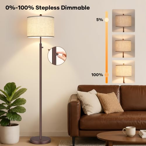 Dimmable Floor Lamp with Linen Shade - Matte Brown Tall Standing Light, 11W LED Bulb Included