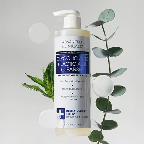 Advanced Clinicals Glycolic Acid Exfoliating Face Wash For Women & Men | Lactic Acid & Salicylic Acid Facial Cleanser | Glycerin Gel Gleanser Helps Gently Exfoliate & Cleanse Dirt & Oil, 11.75 Fl Oz
