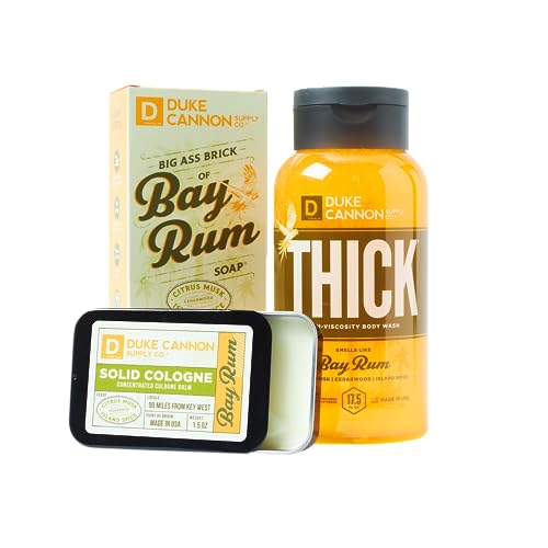 Duke Cannon Supply Co. Bay Rum Bender Bundle for Men - Thick High-Viscosity Body Wash, Big Brick of Soap Bar & Solid Cologne (Citrus Musk, Cedarwood, Island Spice Scent)