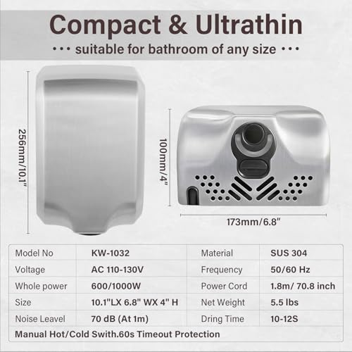 Stainless Steel Hand Dryer for Bathroom Commercial ADA Compliant Hot Cold Air Switchable Wall-Mounted