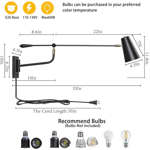 Matte Black Adjustable Wall Lamp Swing Arm Wall Sconce with White Shade and Gold Accents