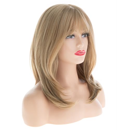 Women Blonde Bob Wigs with Bangs - Layered Natural Looking Synthetic Medium Hair for Daily & Party - Blonde