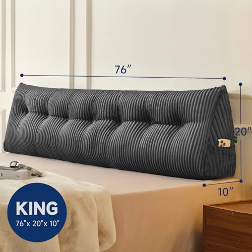 Large King Headboard Pillow - No Roll Wedge Pillow with Side Pockets - Grey