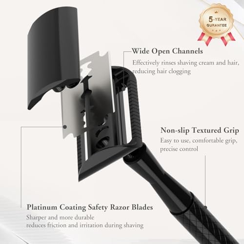 Matte Black Safety Razor - Single Blade Razors for Men - Reusable Metal Razor, with 5 Stainless Steel Double Edge Blades, Smooth Close Shave, Sustainable, Plastic Free