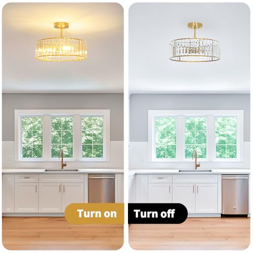 16 Inch Modern Crystal Ceiling Light Fixture - 5-Light Semi Flush Mount Gold