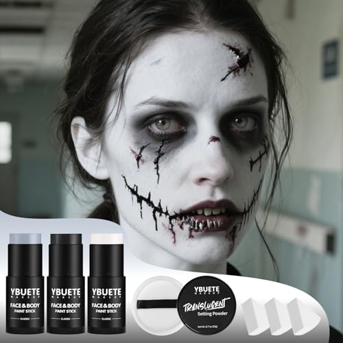 Face & Body Paint Stick Set for Halloween Cosplay SFX - Black White Grey, 4 Pack
