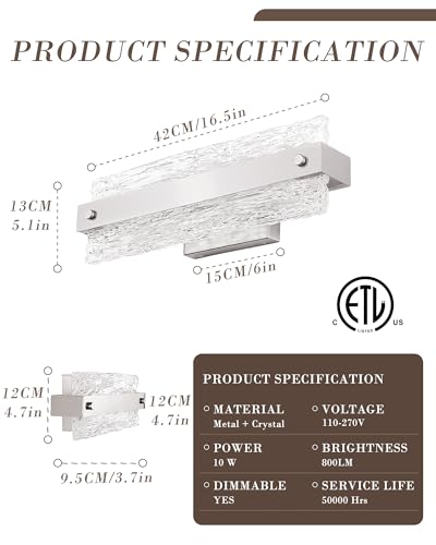 16.5-Inch Nickel Modern LED Bathroom Vanity Light Fixture Over Mirror - 10W, Dimmable, Removable Cover