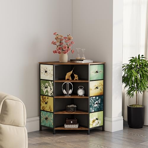 Corner Dresser with 8 Drawers & Shelves - Retro Pattern Variation