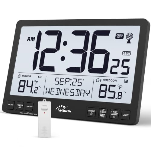 Extra Large Atomic Wall Clock with Backlight, Indoor Outdoor Temp, Battery Operated
