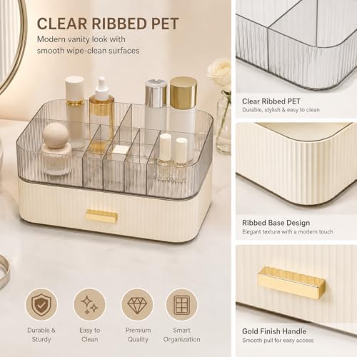 Decorcode Makeup Organizer with 1 Tray & Wide Drawer - Cream White Stackable Vanity Storage