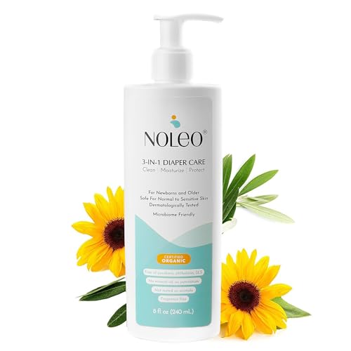 Noleo 3in1 Diaper Care with Organic Cotton Rounds - 300ct Lint Free Small Cotton Rounds - 8oz All-in-One Baby Cleanser, Lotion & Diaper Rash Cream