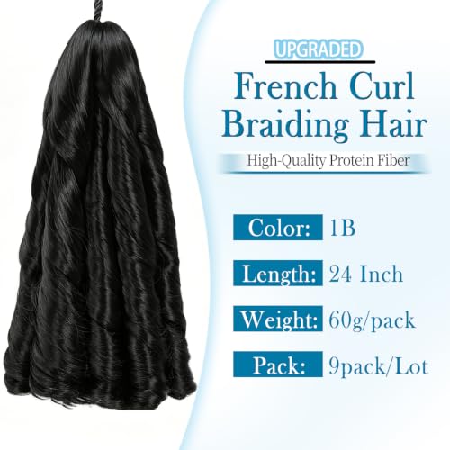 Sorivika 1B# 24 Inch Pack of 9 French Curly Braiding Hair - Protein Infused Wavy Crochet Extensions