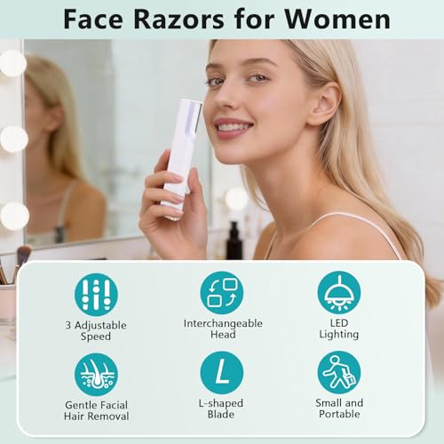 Face Hair Remover, 2 in 1 Rechargeable Painless Electric Eyebrow Trimmer Facial Hair Removal for Women with LED Light, 3 Adjustable Speed, 4 Refill Dermablades
