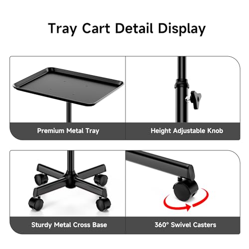 Salon Cart With Adjustable Height Tray on Wheels - Rolling Trolley for Tattoo, Spa, Dental, Hairstylist - Black