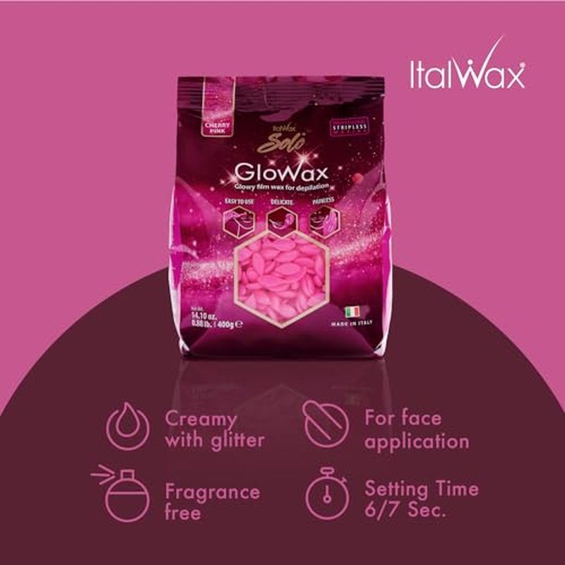 Italwax Cherry Pink Glowax - 400g / 14.10 oz - Hard wax beads for hair removal - Synthetic formulation ideal for sensitive skins - Recommended for delicate areas
