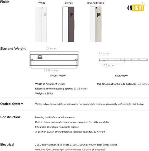 GETINLIGHT 24-Inch Linkable LED Under Cabinet Light - White, 3-CCT, Hardwired/Plug-in
