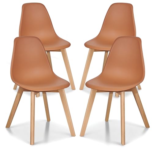 Set of 4 Modern Orange Dining Chairs - Molded Plastic & Solid Wood Legs
