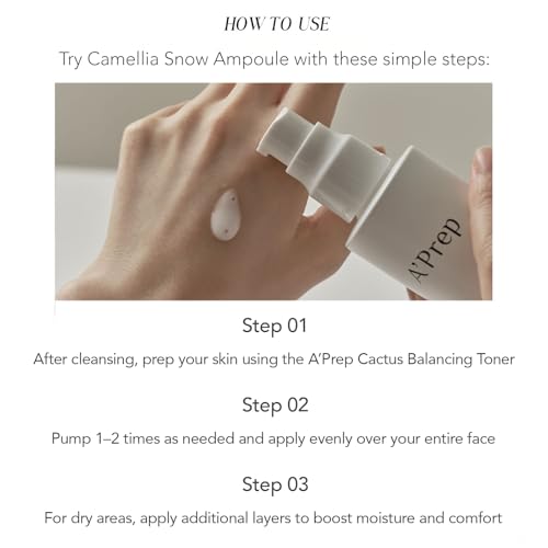 A'Prep Camellia Snow Ampoule ? Hydrating & Brightening Facial Serum with Camellia Japonica, Niacinamide & Hyaluronic Acid, EWG Green Formula, Korean Skincare, 50ml