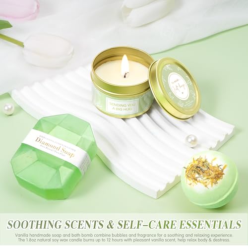 Mother's Day Gift Basket for Women - Vanilla Relaxation Spa Set with Tumbler & Cozy Blanket - Green