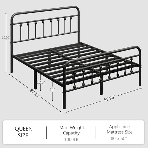 Queen Size Metal Bed Frame with Victorian Headboard & Footboard (Zunatu)