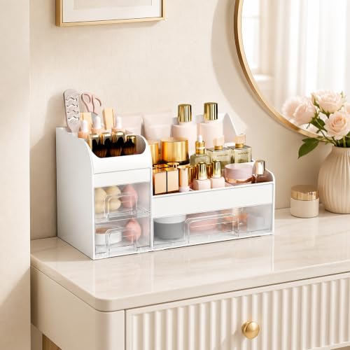 Mriluvy Extra Large White Clear Makeup Organizer with 3 Drawers & Brush Holder