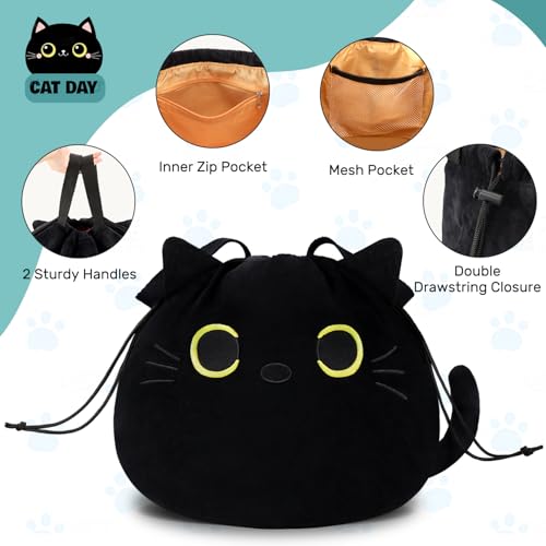 Cat Drawstring Makeup Bag - Large Travel Toiletry Organizer - Black - A-Cat-Black