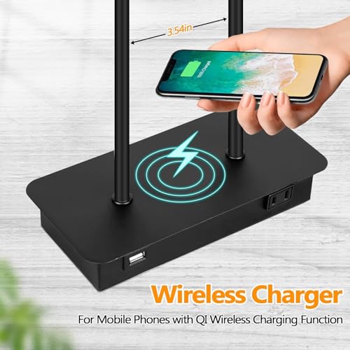 Modern Black Wireless Charging Table Lamp Set of 2 - Dimmable Touch Control, USB & Outlet