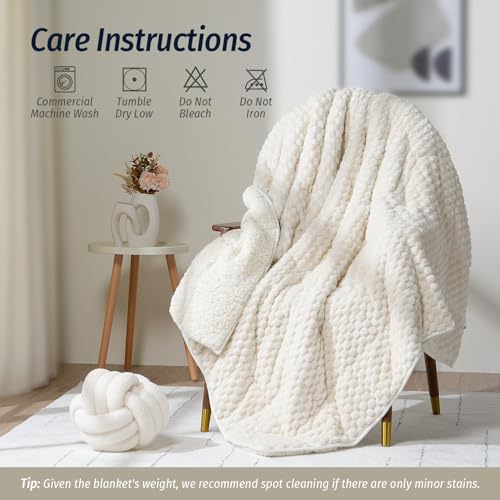 Cream White Weighted Blanket for Adults 60x80 20lbs Fuzzy Fleece
