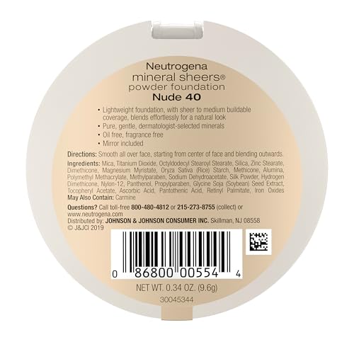 Neutrogena Mineral Sheers Compact Powder Foundation, Lightweight & Oil-Free Mineral Foundation, Fragrance-Free, Nude 40, .34 oz, 2 Pack