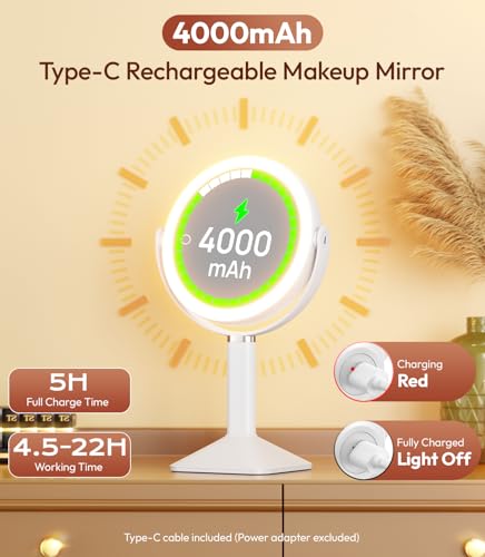Lighted Makeup Mirror with Lights, 30X Magnification, Rechargeable Battery, Dimmable 3-Color Lights, Height Adjustable - White