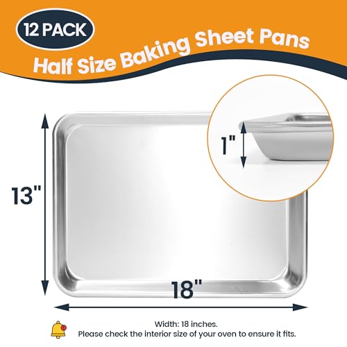 12 Pack Half Size Aluminum Baking Sheet Pans - 18x13 Inch, Non-Stick, Oven Safe