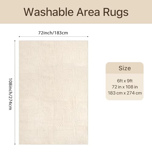 Arch Beige Washable 6x9 Area Rug - Soft High-Low Pile, Noise Reduction