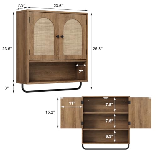 Rustic Oak Wall Cabinet with Rattan Doors - Boho Bathroom Storage, 2 Doors, Natural Oak Finish