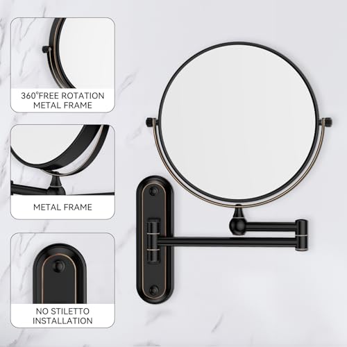 GURUN 8-Inch Wall Mount Makeup Mirror with 20X Magnification for Bathroom - 360¡Æ Rotation & Extended Arm Oil-Rubbed Bronze Dual-Sided Bathroom Mirror for Makeup, Skincare M1207T(8in,20X)