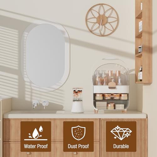 Makeup Organizer Countertop & Makeup Brush Holder with Lid 360 Rotating Clear Dustproof Skincare Holder for Vanity Bathroom Countertop, Ideal Gifts for Women, Transparent, Rose Gold