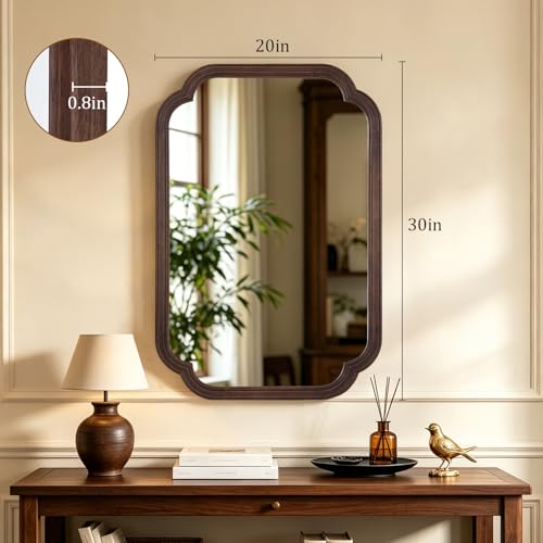 Wood Bathroom Mirror 20x30 Inch Wall Decor Arched Rustic Walnut Frame for Vanity, Bedroom, Entryway - Variation of Walnut / 30"L x 20"W