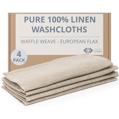 Flax Linen Washcloths for Bathroom - Waffle Washcloths 4-Pack 10x10 inch - Linen Face Cloths - Waffle Weave Cleaning Cloths with Loop - Exfoliating Face Towel for Women