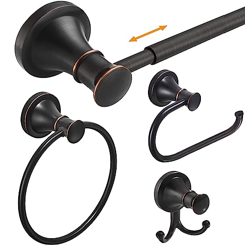 Oil Rubbed Bronze Bathroom Accessory Set - 4-Piece Wall Mount Hardware with Towel Bar, Ring, Hooks & Toilet Paper Holder - Modern Design