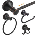 Oil Rubbed Bronze Bathroom Accessory Set - 4-Piece Wall Mount Hardware with Towel Bar, Ring, Hooks & Toilet Paper Holder - Modern Design