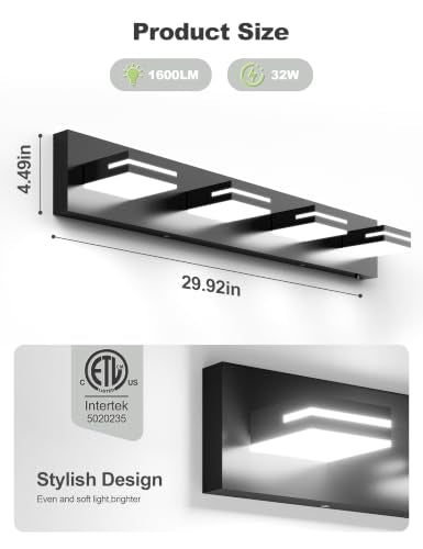 Black LED Vanity Light 4-Light 30 Inch Dimmable & Rotatable 5CCT