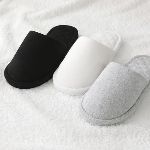Biroris 3 Pairs Closed-Toe Cotton Terry Indoor Slippers for Women & Men, Black, Gray, White, Foldable & Washable, Travel & Guest Use