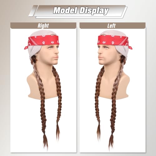 Gray with Brown Long Silvery Grey and Brown Pigtail Wig with Bandana Beard for Men Halloween Costume - Variation of THIS listing