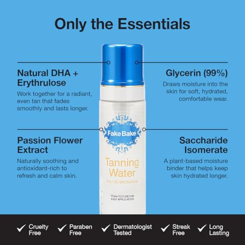 Fake Bake Foam Tanning Water Self Tanner Instant Glow with Hydrating Passion Flower Rejuvenation - Natural Looking Sunless Bronzing for Women & Men - 6.7 oz