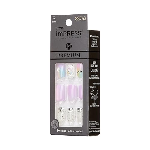 KISS imPRESS Press-On Manicure Premium Collection Fake Nails - Sweet Life, Purple Jelly Squiggle, Short & Square, Easy To Apply, Super Hold, Chip Proof, Smudge Proof, No Dry Time, Durable | 30 Count