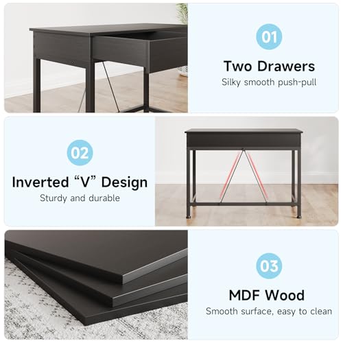 39.4 Inch Small Black Desk with 2 Wooden Drawers - Home Office, Vanity & Study Table