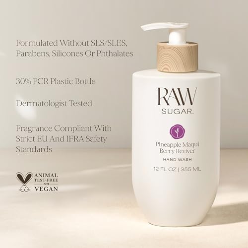 RAW SUGAR Pineapple Maqui Berry Reviver Hand Wash - Pack of 4, 12 Fl Oz, Vegan, No SLS/SLES & Parabens