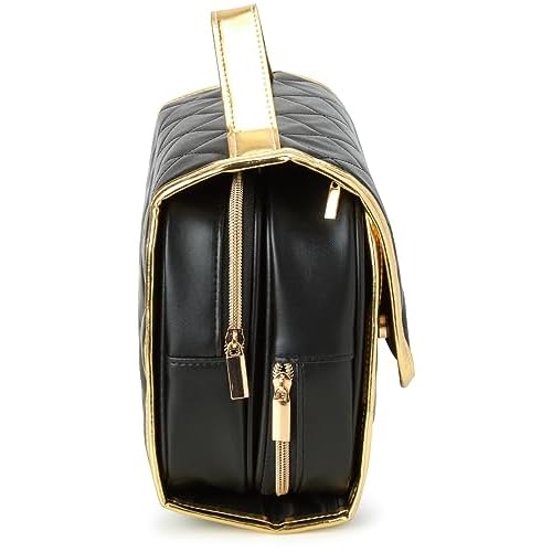 Juicy Couture Black Makeup Bag Cosmetics Organizer Travel Essentials Hanging Hook Faux Quilted Leather Gold Trim